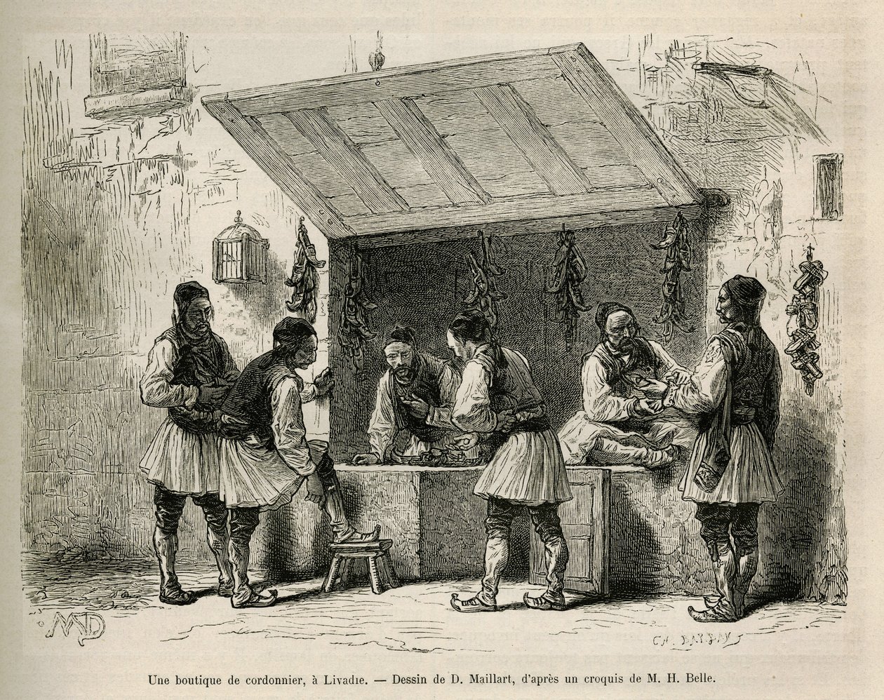Une boutique de cordonnier et sa clientèle, à Livadie, dessin de D. Maillard, pour illustrer le récit de Henri Belle : Voyage en Grèce - French School