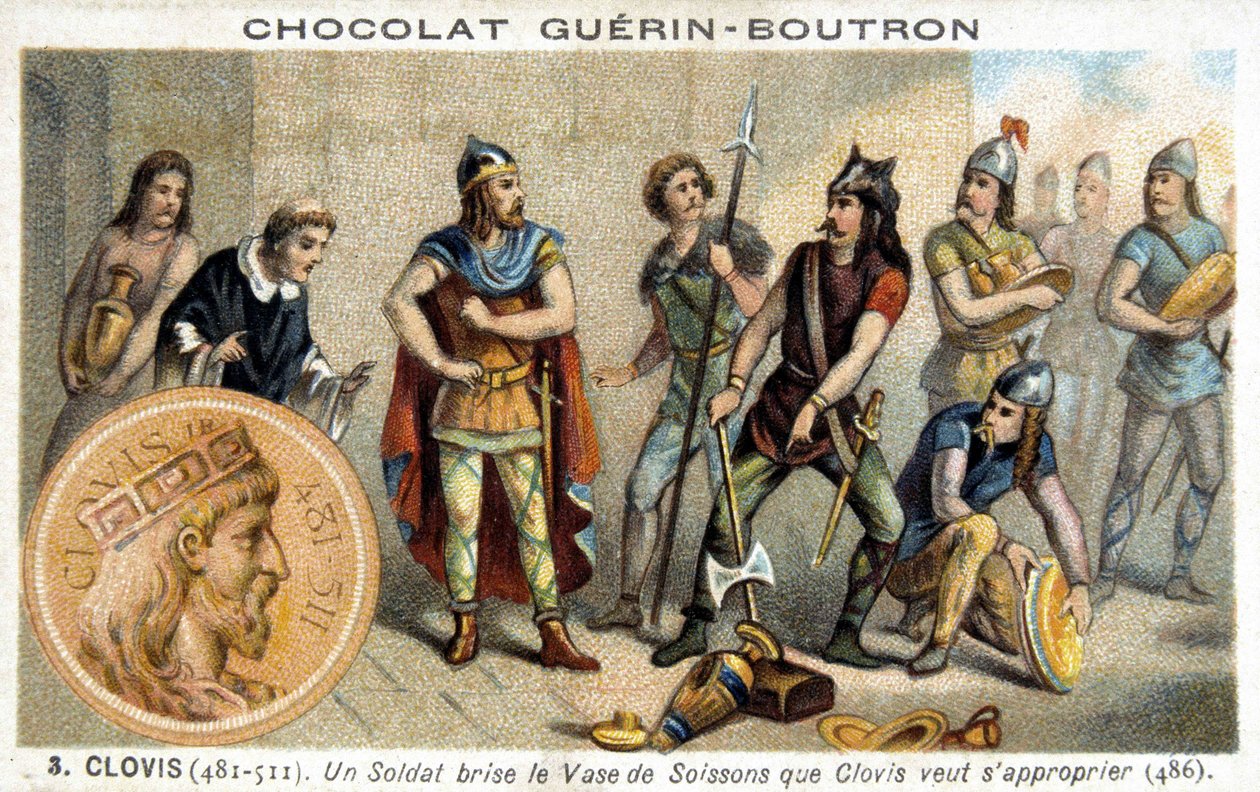 Un soldat brise le vase de Soissons que Clovis veut posséder, 486 - French School