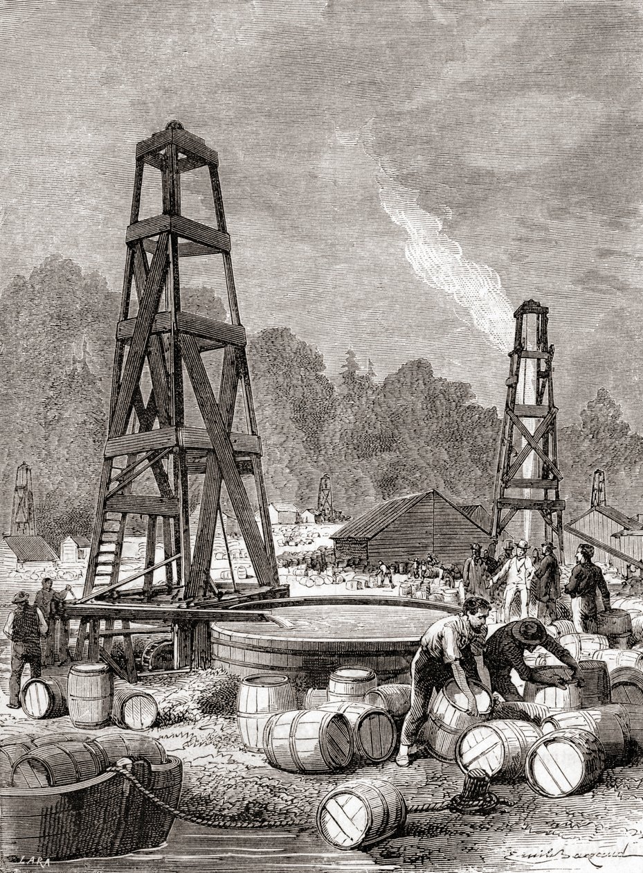 Une source de pétrole à Oil Creek sur la rivière Allegheny, Pennsylvanie, USA en 1858, découverte par Edwin Laurentine Drake, alias Colonel Drake, de 