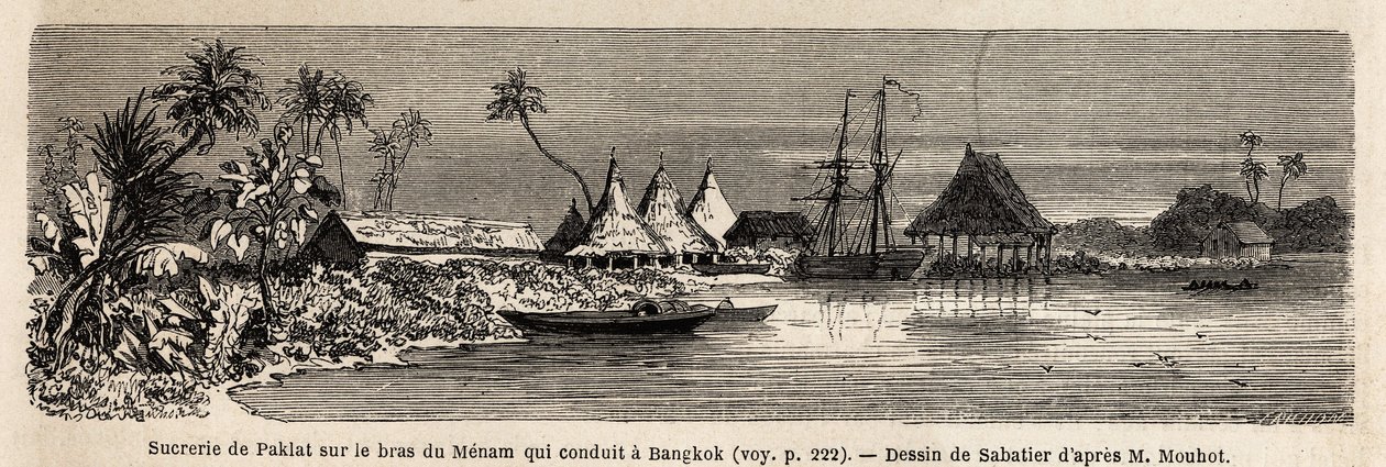Une usine de sucre de Paklat, sur le bras du Menam, le principal fleuve de Thaïlande, dessin de Sabatier, pour illustrer le voyage d