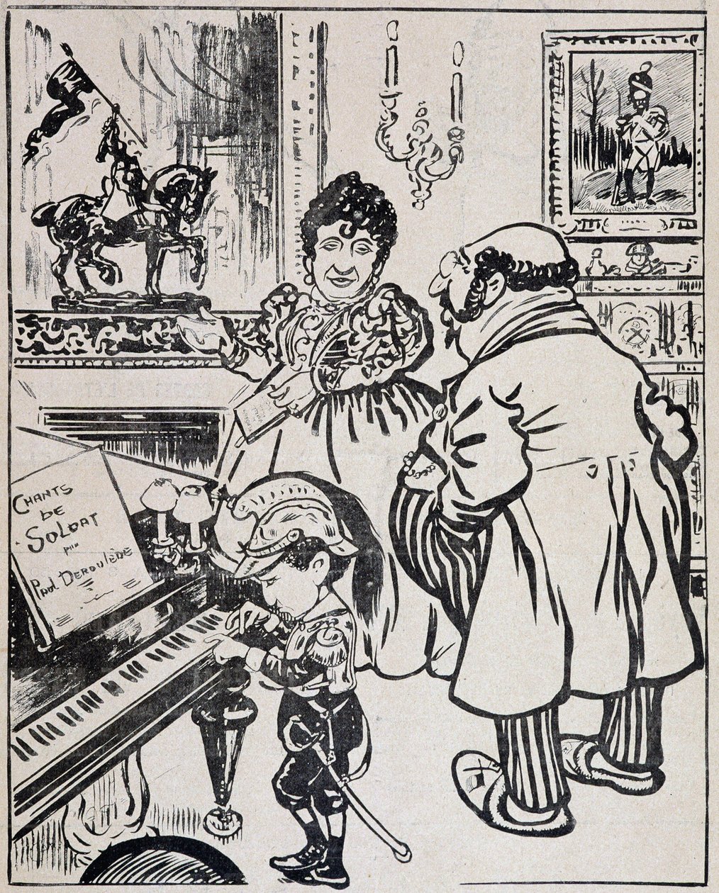 Une bronze usée, caricature avec des cuirassés, partition pour Deroulede au piano et statuette de Jeanne d