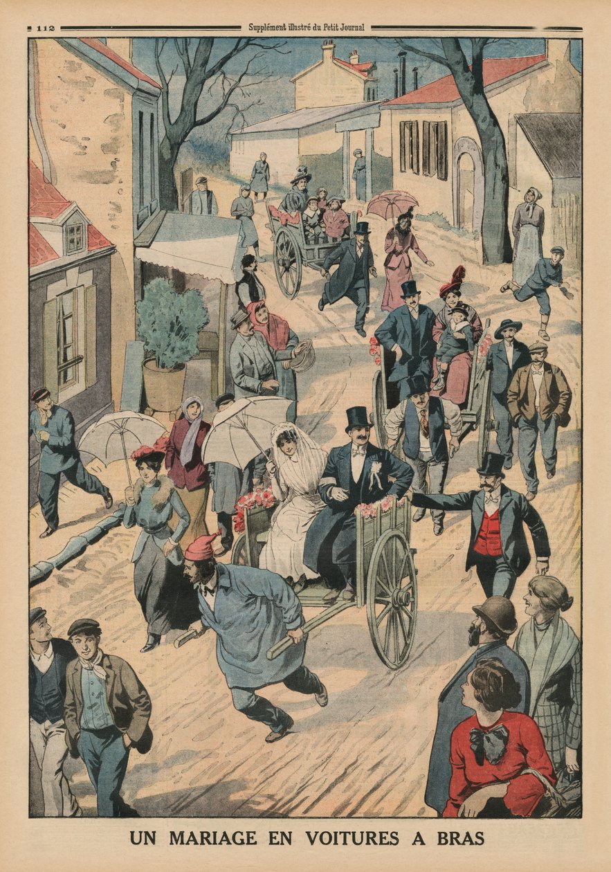 Un mariage sur des charrettes à bras, illustration de couverture arrière du Petit Journal, supplément illustré, 5 avril 1914 - French School