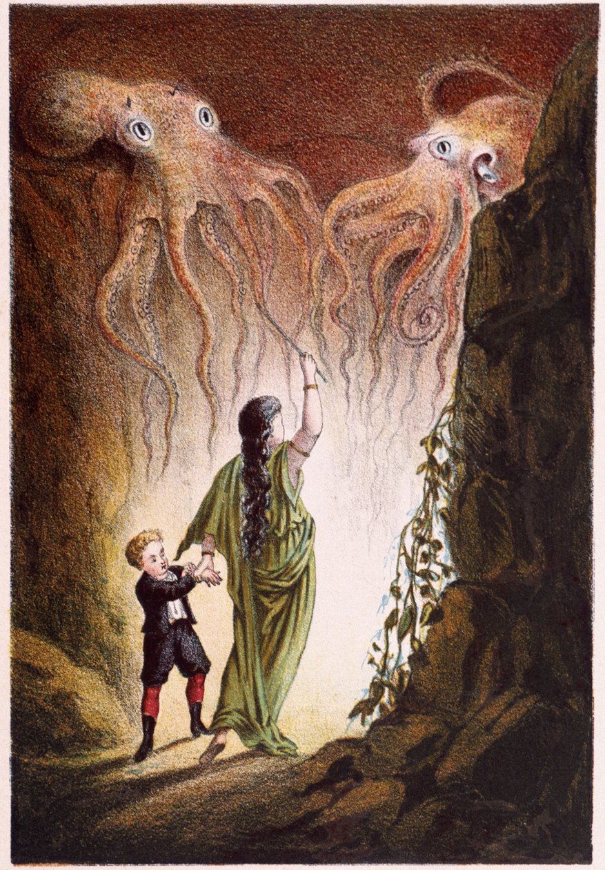 Une femme et un garçon attaqués par deux pieuvres géantes - dans "Voyage au fond de la mer" par H. de la Blanchère. Paris, éd. Jouvet et Cie, sd. 1880. - French School