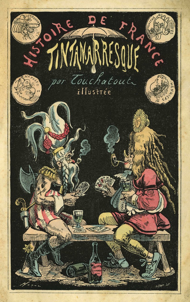 Une femme en perruque de plumes et un homme caricaturés en Gaulois pendant une partie de cartes. Couverture de "Histoire de France Tintamarresque", caricatures de Touchatout, Paris - French School