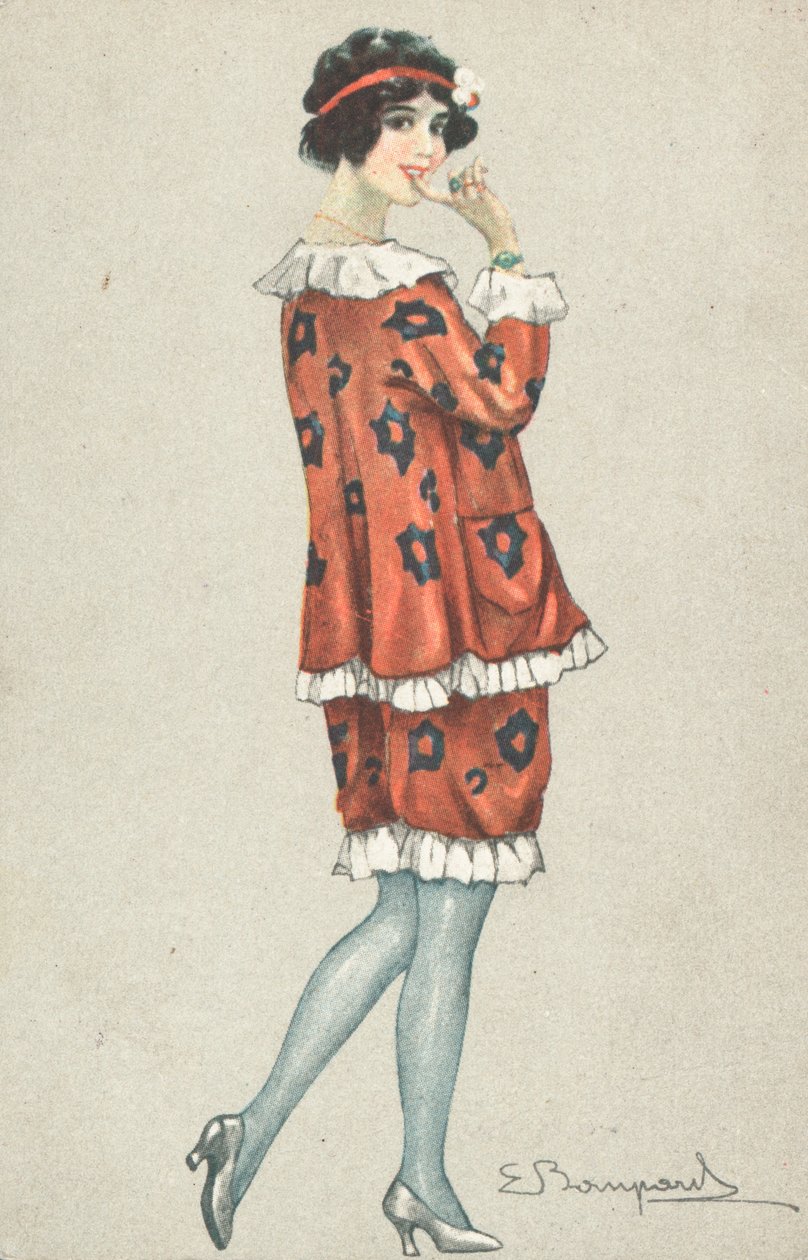 Une femme pose avec un doigt sur la bouche (lithographie couleur) - French School