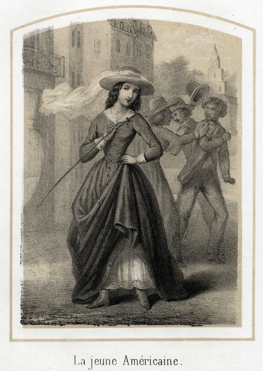 Une jeune Américaine provoque des bagarres entre ses prétendants. Gravure anonyme du 19ème siècle - French School