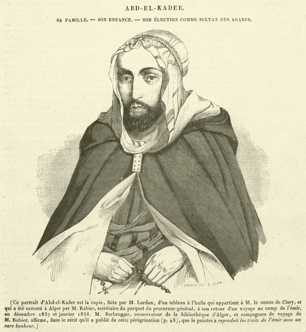 Abd-el-Kader, Sa Famille, Son Enfance, Son Election Comme Sultan des Arabes (engraving) - French School