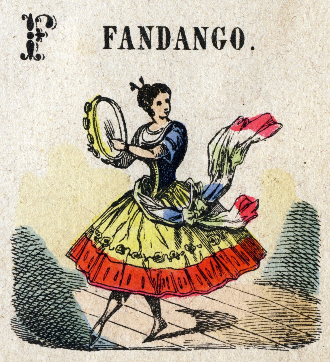 Abécédaire. Lettre F comme Fandango. Petit alphabet encyclopédique, série populaire. Imagerie d