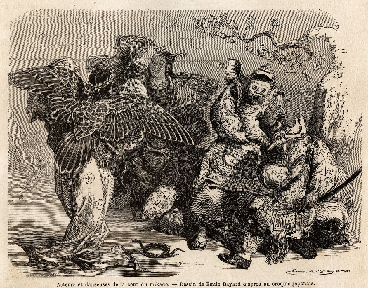 Acteurs et danseurs de la cour du Mikado en costume de scène. Gravure pour illustrer le voyage au Japon en 1863-1864, par Aimé Humbert, ministre de la Confédération suisse, dans « Le tour du monde, nouveau journal des voyages » - French School
