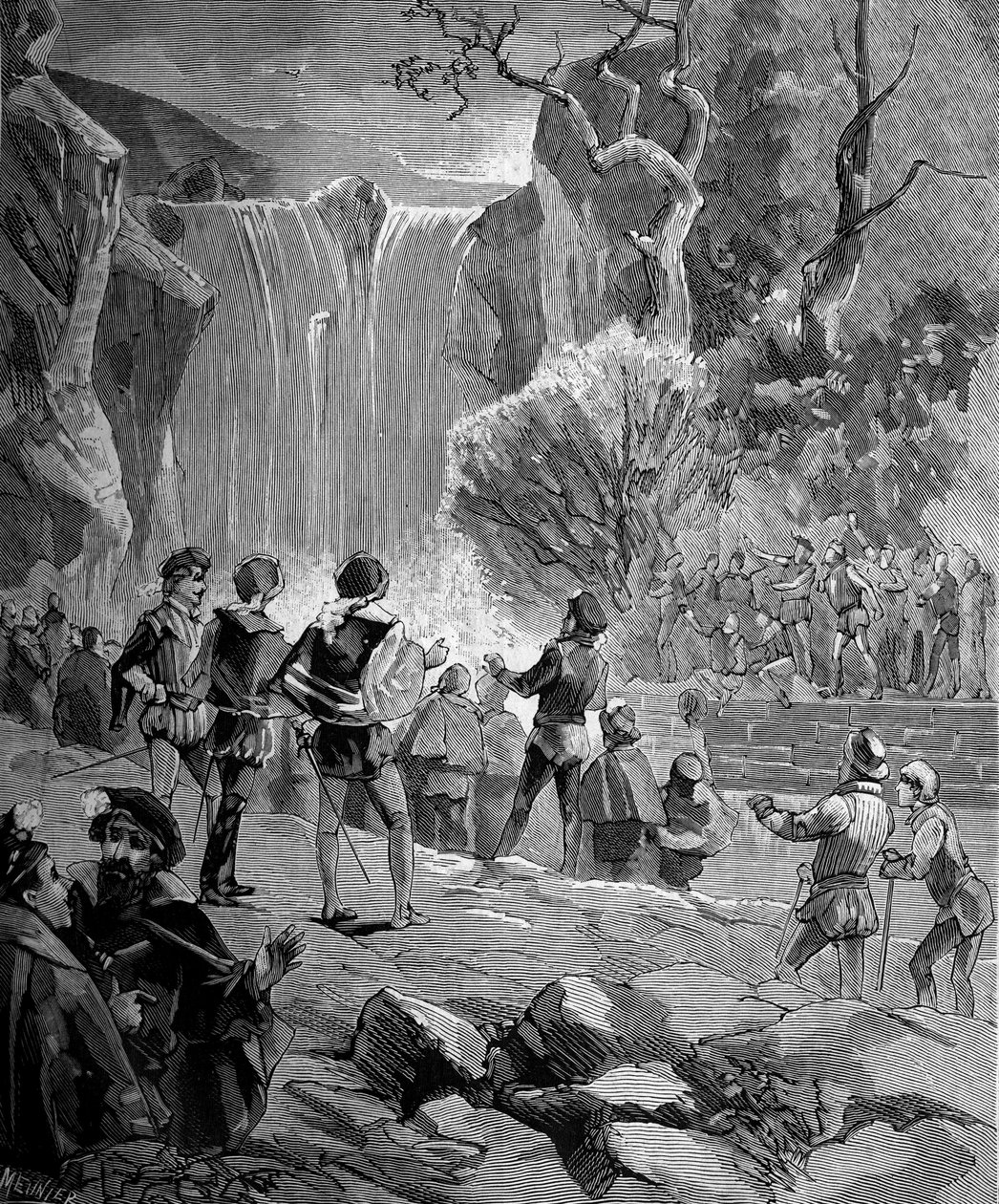 Adam de Craponne (1527-1576), mathématicien et ingénieur français devant les eaux de la Durance. (Un accord a été signé par Adam de Craponne pour amener les eaux de la Durance et du Verdon à Aix-en-Provence). dans "Histoire populaire des sciences, inventio - French School