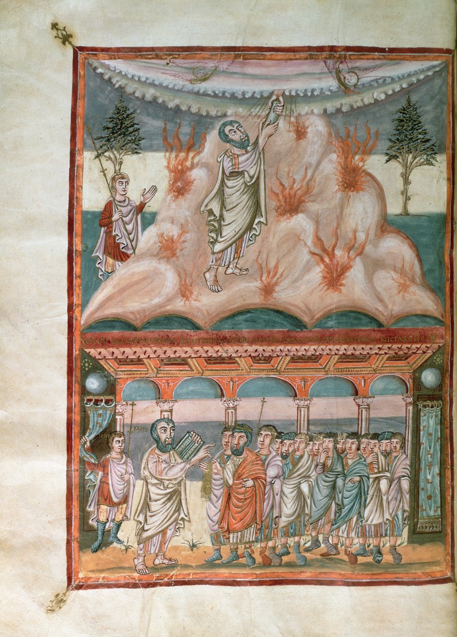 Moïse recevant et transmettant la loi de Dieu sur le mont Sinaï, de la Bible de Moutier-Grandval, illuminée dans l