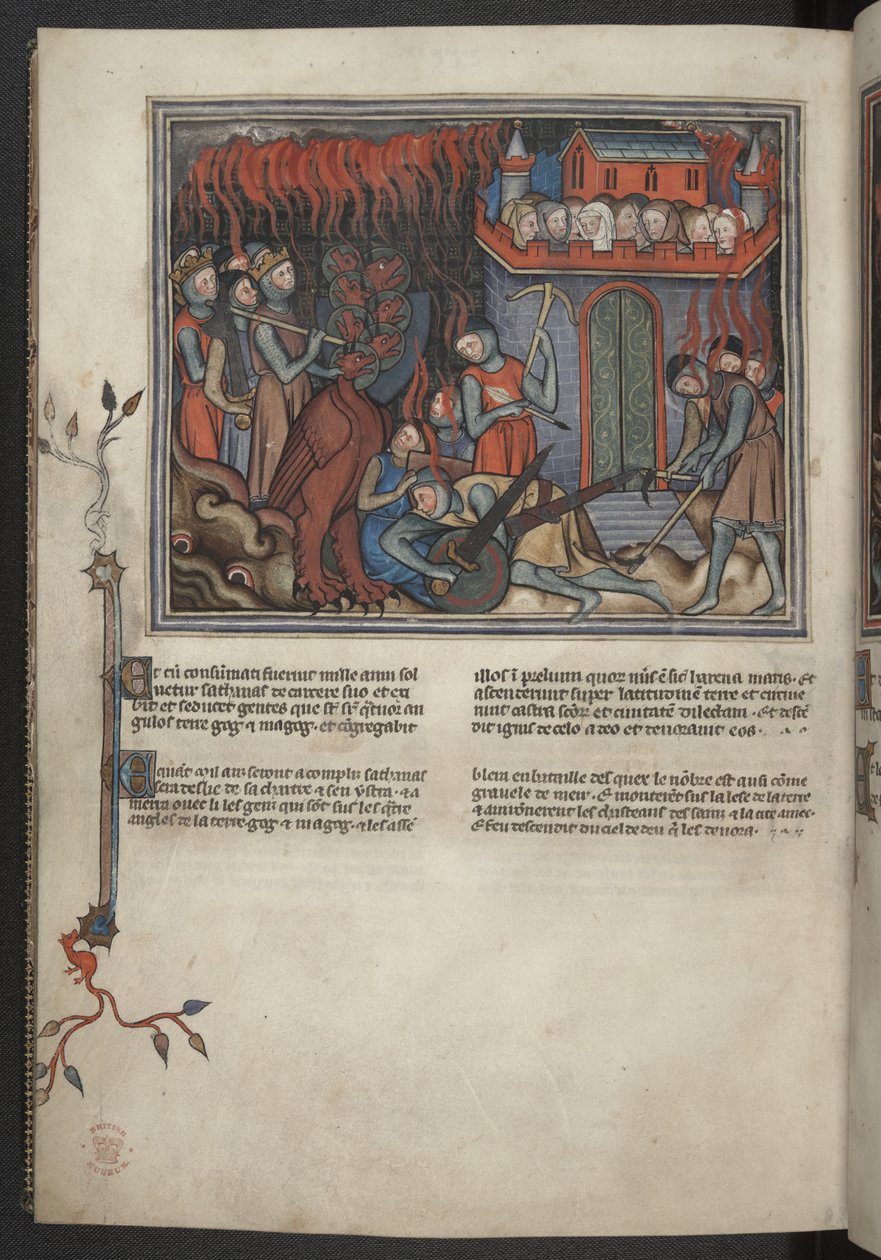 Add 17333, f.42v, Miniature des armées du Ciel combattant le dragon (Apocalypse XIX:19-20), de l