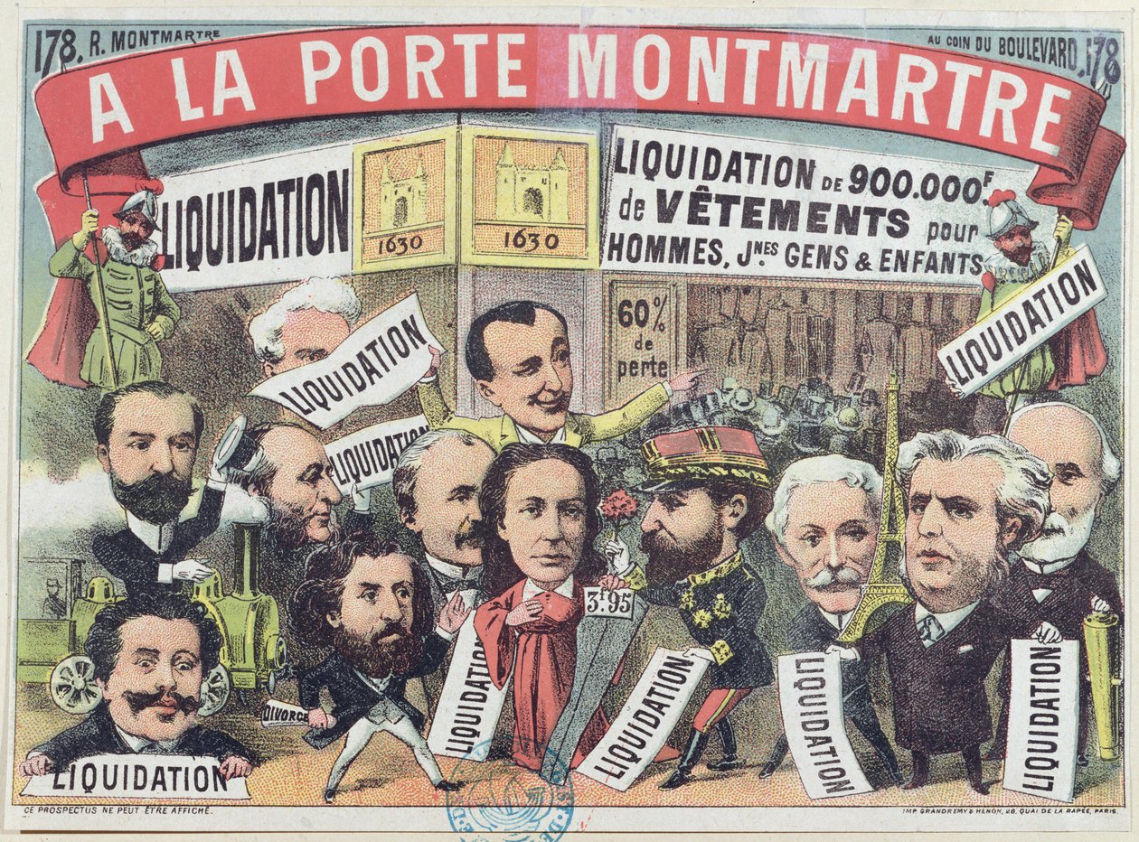 Publicité pour une vente de vêtements au grand magasin parisien La Porte Montmartre, vers 1880 - French School
