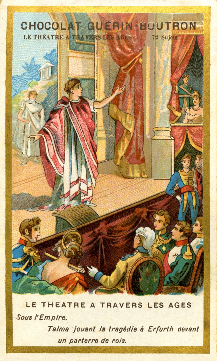 Chromolithographie publicitaire des chocolats Guérin Boutron, le théâtre à travers les âges, 72 sujets, sous l