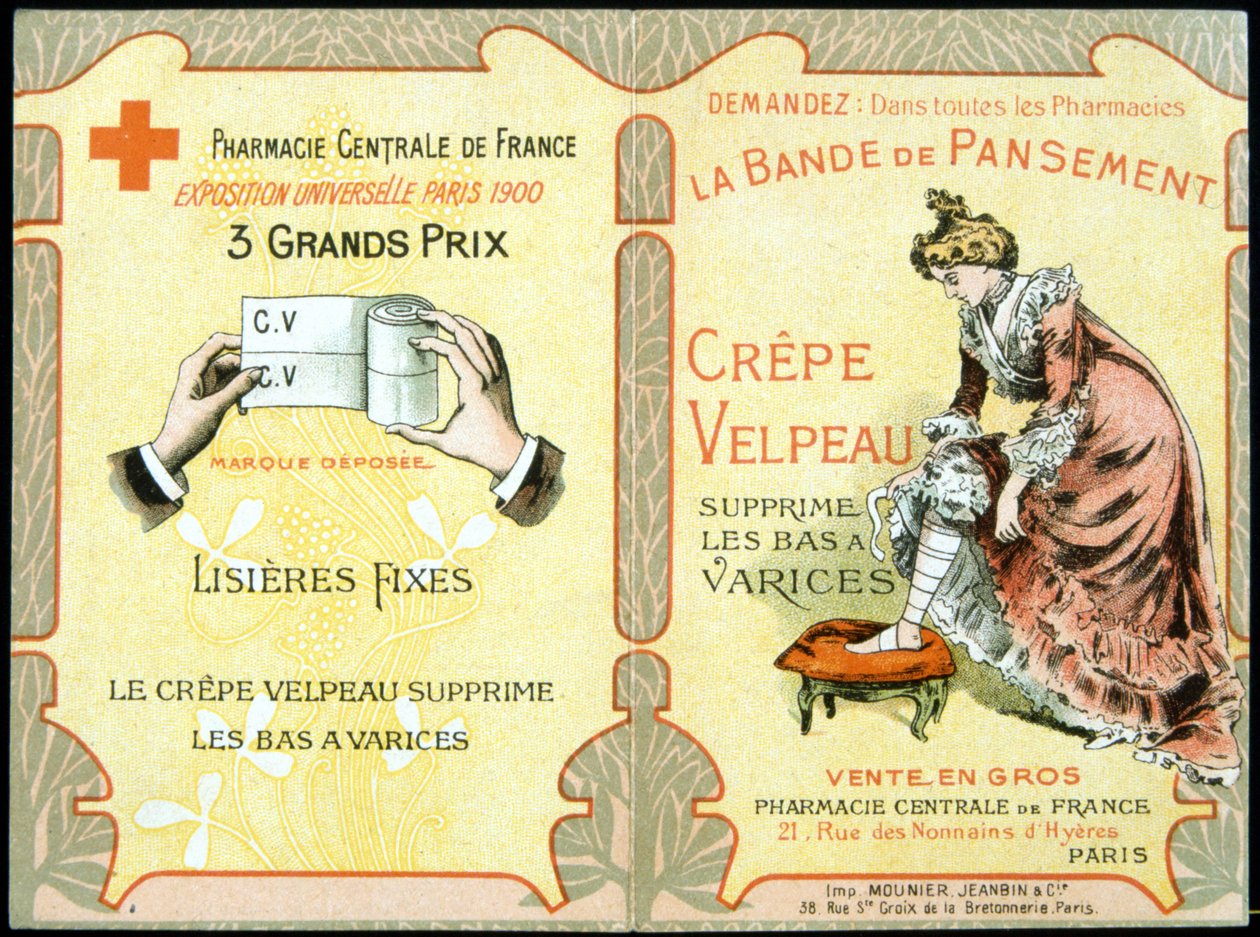 Carte publicitaire de "Le bandage Velpeau en crêpe enlève les bas variqueux". Sd. XIXe siècle - French School