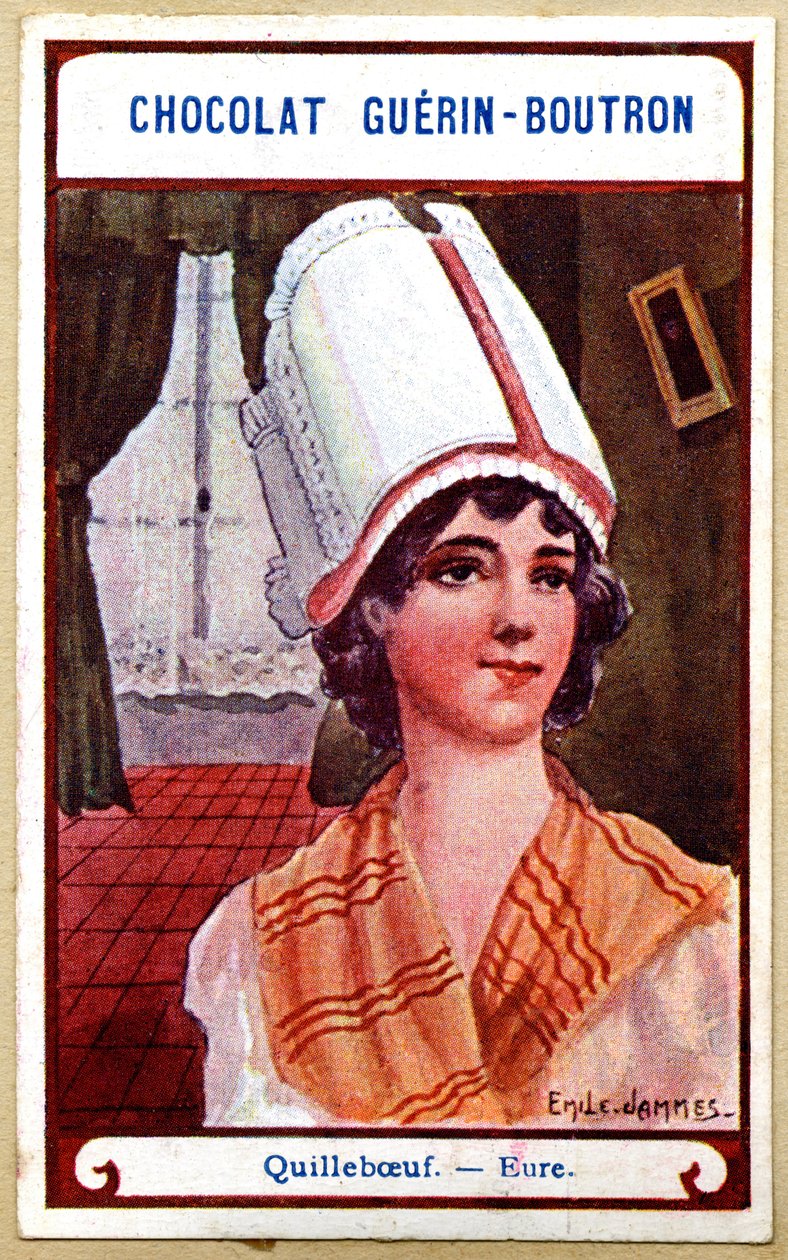 Publicité chromolithographique des chocolats Guerin Boutron, les coiffes des régions de France, Quillebeuf, Eure, illustration Emile Jammes - French School