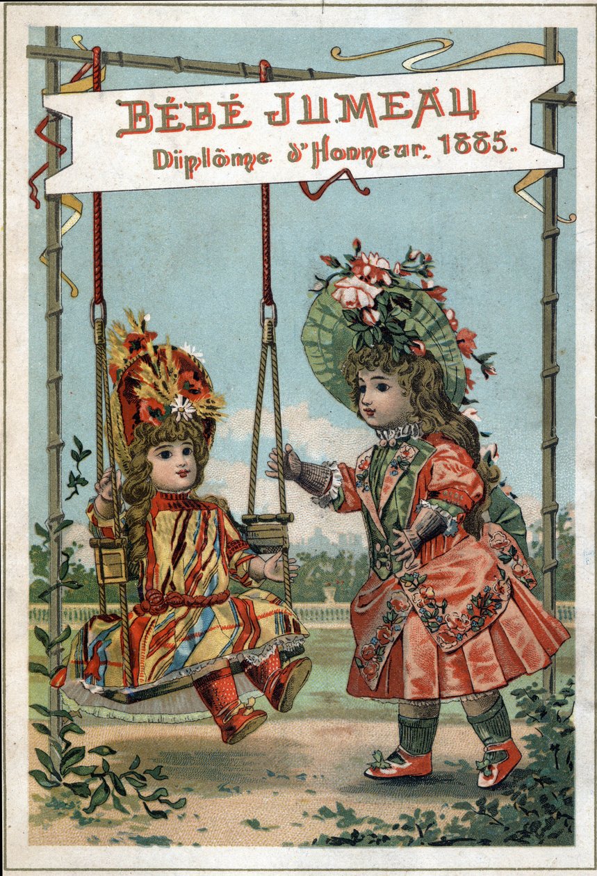 Publicité pour les poupées jumelles en 1885 de la Maison des Jumelles. (Première Manufacture du Monde pour la fabrication de Beaux Bébés) - French School
