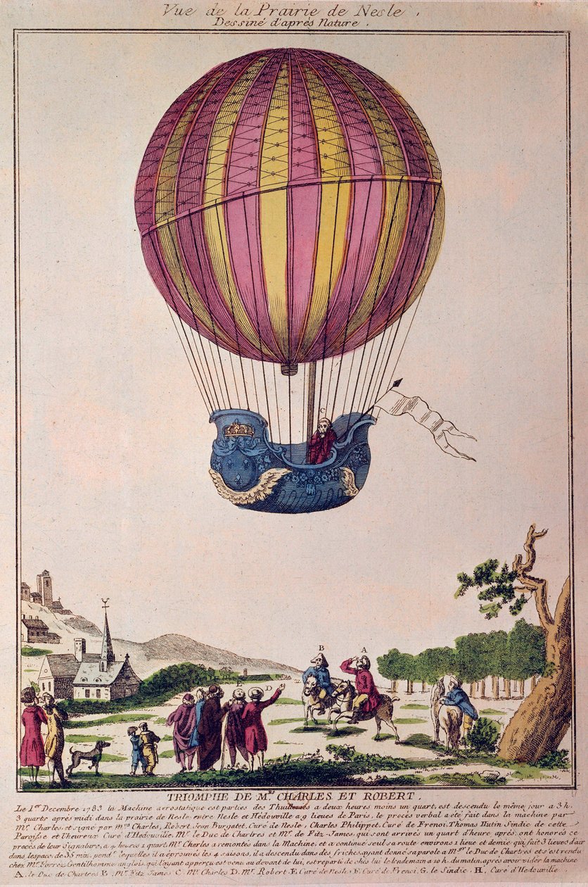 Aérostat : la deuxième tentative de vol en ballon. Charles et Robert descendent sur la Prairie de Nesle, près de Paris, après un voyage en ballon à gaz hydrogène le 01/12/1783. Gravure du XVIIIe siècle - French School