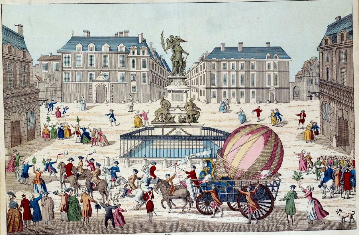 Aérostat : la deuxième tentative de vol en ballon. Le globe aérostatique entier de Charles et Robert à Paris, après un voyage en ballon à gaz hydrogénique, le 02/12/1783. Estampe anonyme du 18ème siècle. Paris, arts décoratifs - French School