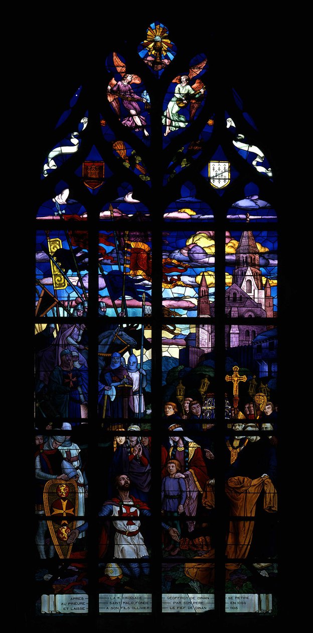 Après la 1ère Croisade, Geoffroy de Dinan se retira au prieuré de Saint-Malo, fondé par son père en 1066, et laissa à son fils Olivier le fief de Dinan - French School