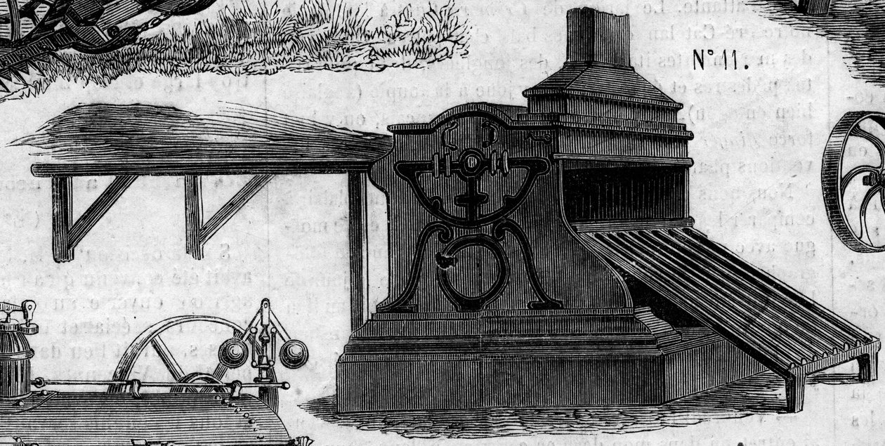 Machine agricole : une batteuse présentée au concours agricole de Paris en 1860. Gravure dans "Le Monde Illustré" n°169 du 7 juillet 1860. - French School