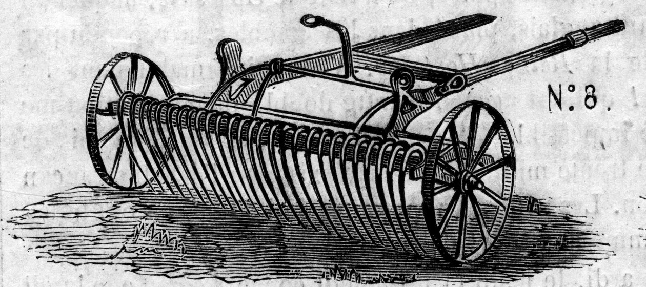 Machine agricole : un râteau à cheval anglais présenté au concours agricole de Paris en 1860. Gravure dans « Le Monde Illustré » n°169 du 7 juillet 1860 - French School