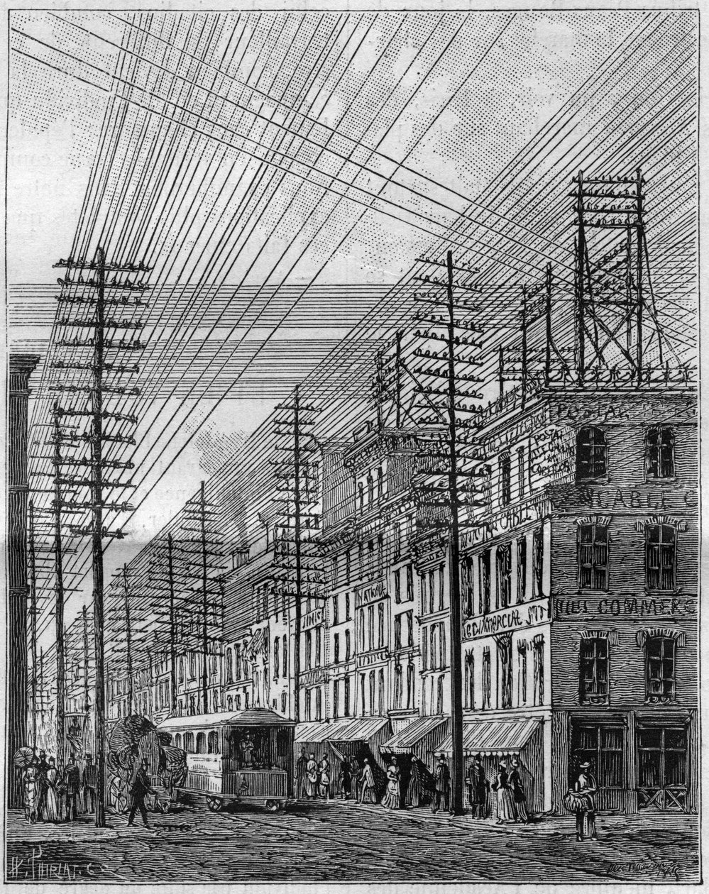 Fils électriques aériens, à Philadelphie (États-Unis), coin de Chesnut Street et Third Street. Gravure dans "La Nature. Revue des sciences et de ses applications aux arts et à l