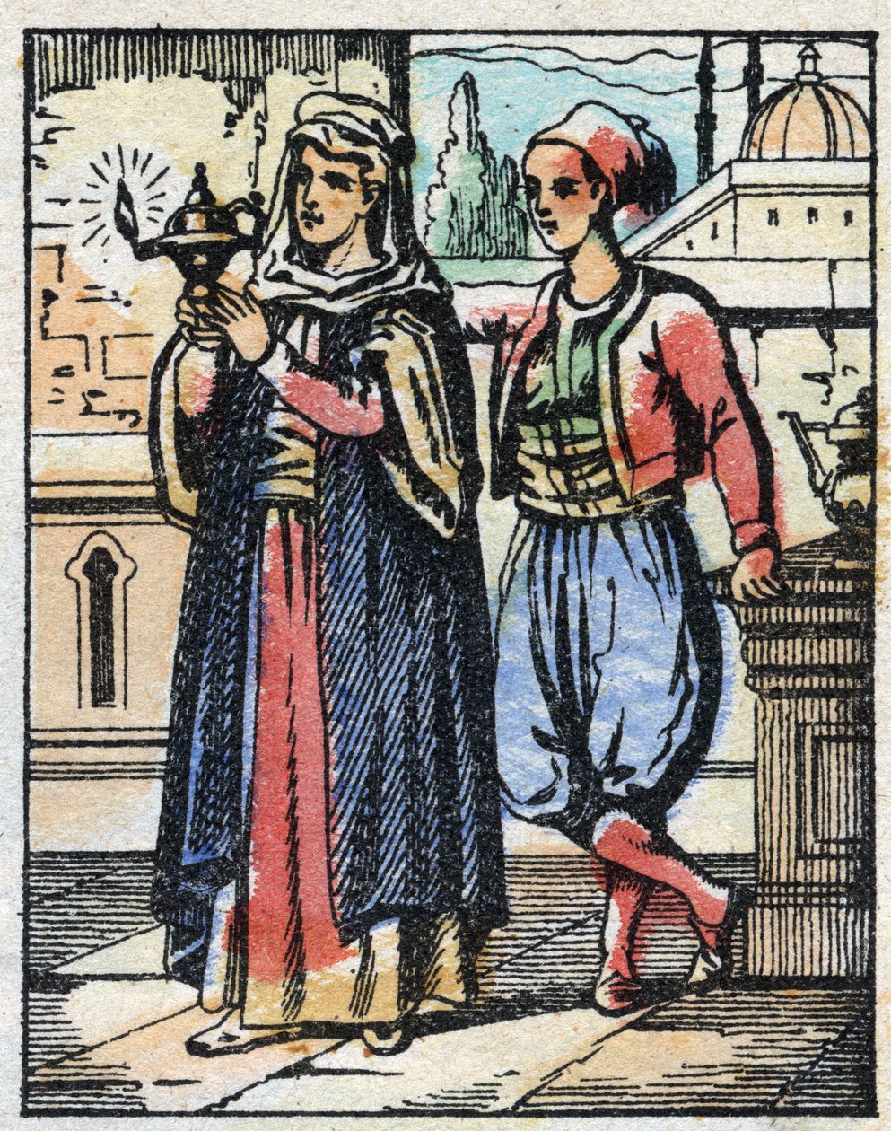 Aladin porte la lampe magique à sa mère. Gravure du conte des Mille et Une Nuits « Aladin et la Lampe merveilleuse ». Imagerie d