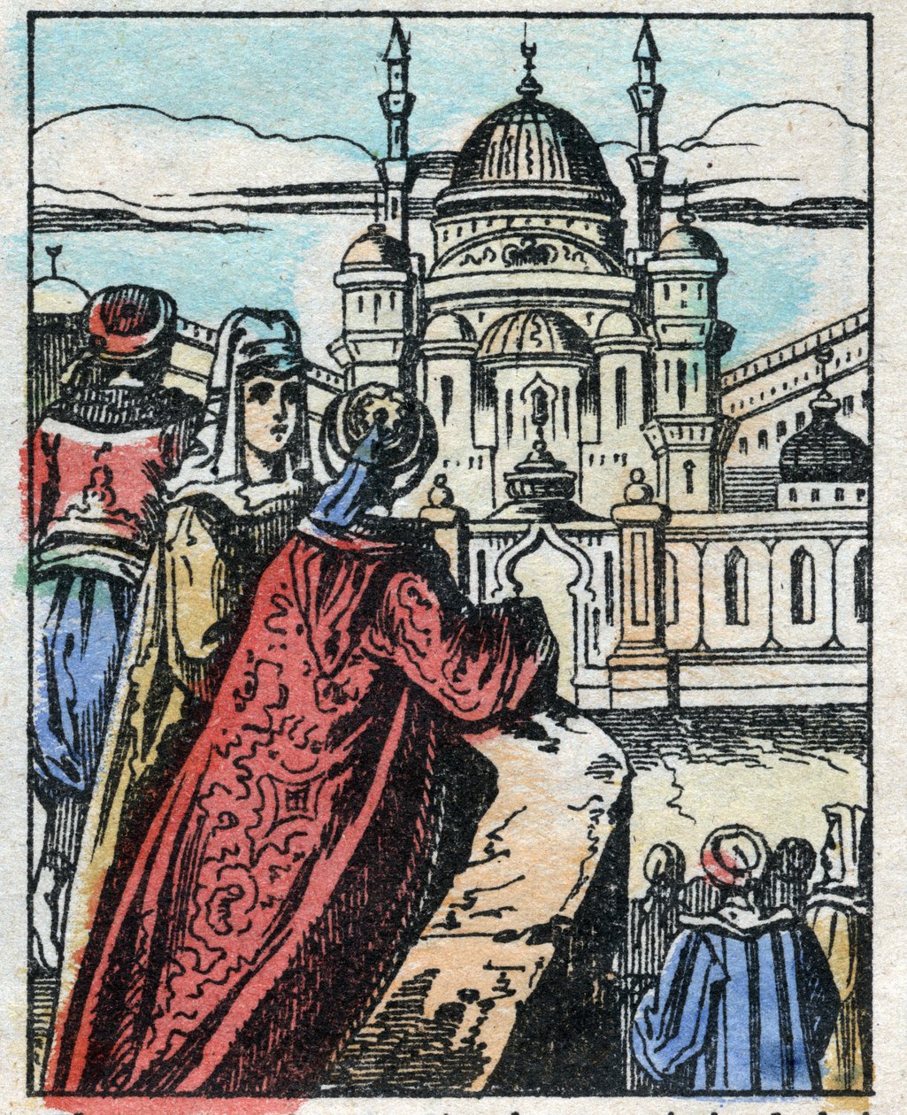 Aladin demande au Génie de construire un somptueux palais en face du palais du Sultan. Gravure du conte des Mille et Une Nuits « Aladin et la Lampe Merveilleuse ». Imagerie d