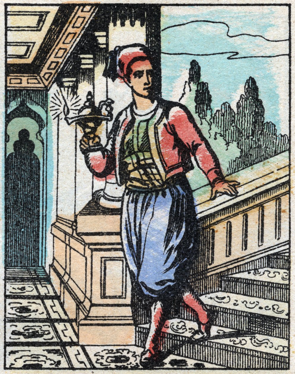 Aladin avec la lampe magique ne retrouve plus son chemin. Gravure du conte des Mille et Une Nuits « Aladin et la Lampe merveilleuse ». Imagerie d