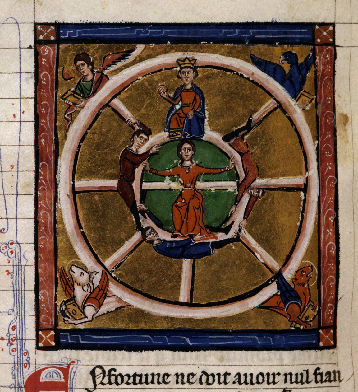 Alexandre III Le Grand (356-323 av. J.-C.) assis sur la roue de la Fortune entourant le Tétramorphe. Miniature du manuscrit « Histoire ancienne à la César », vers 1260-1270 écrite par un clerc au service de la cour de Roger IV, châtelain de Lille - French School