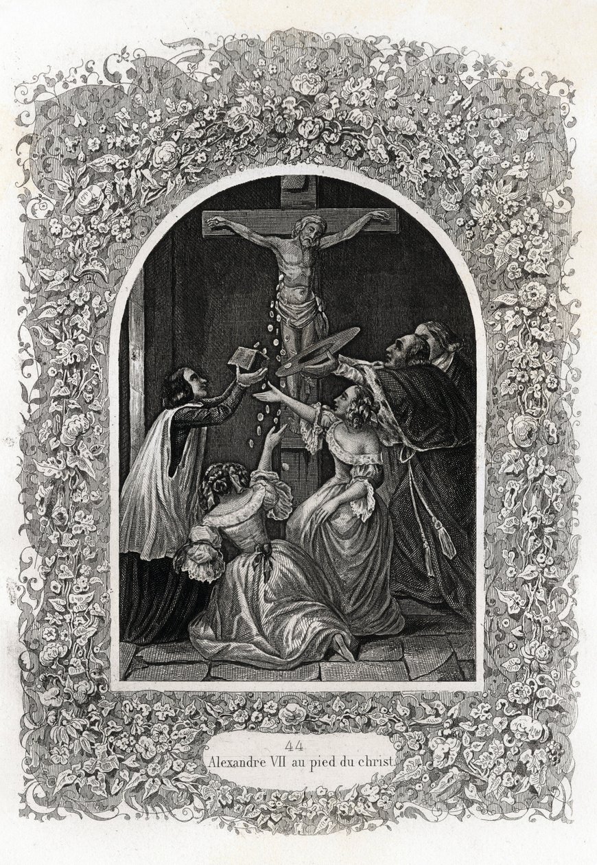 Alexandre VII (Pape de 1655 à 1667) au pied du Christ. Gravure pour illustrer Histoire des papes par Maurice Lachatre (1814-1900), librairie du progrès, Paris. - French School