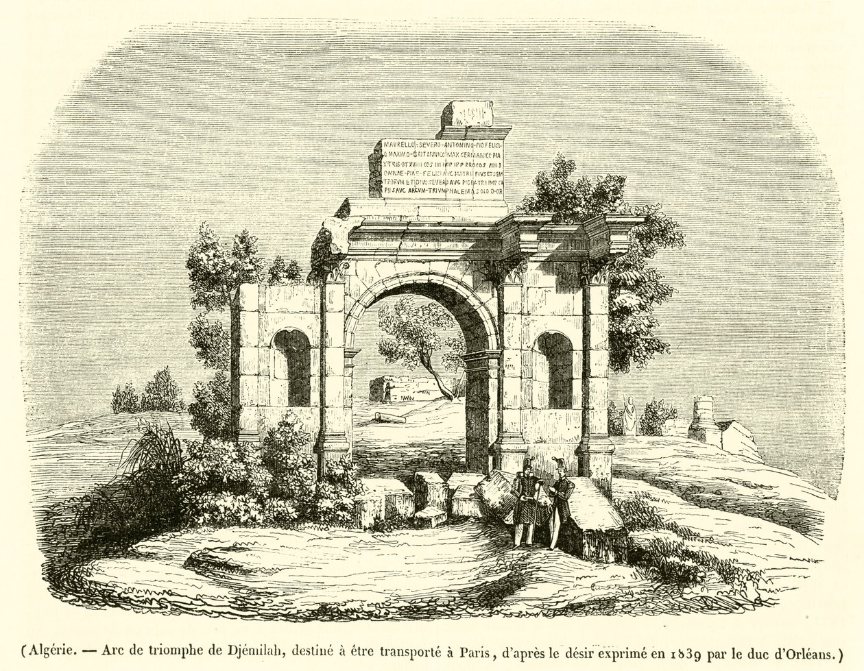 Algerie, Arc de triomphe de Djemilah, destine a etre transporte a Paris (engraving) - French School