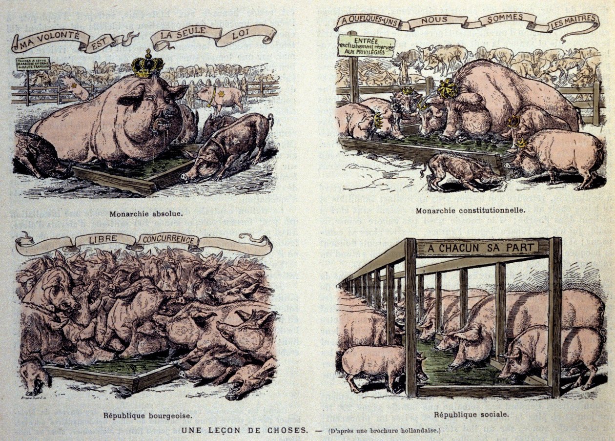 Allégories des différents types de gouvernement : la monarchie absolue, représentant un cochon bien nourri et des couronnes « ma volonté est la seule loi », de la monarchie constitutionnelle représentant un petit groupe de cochons privilégiés pour manger l - French School