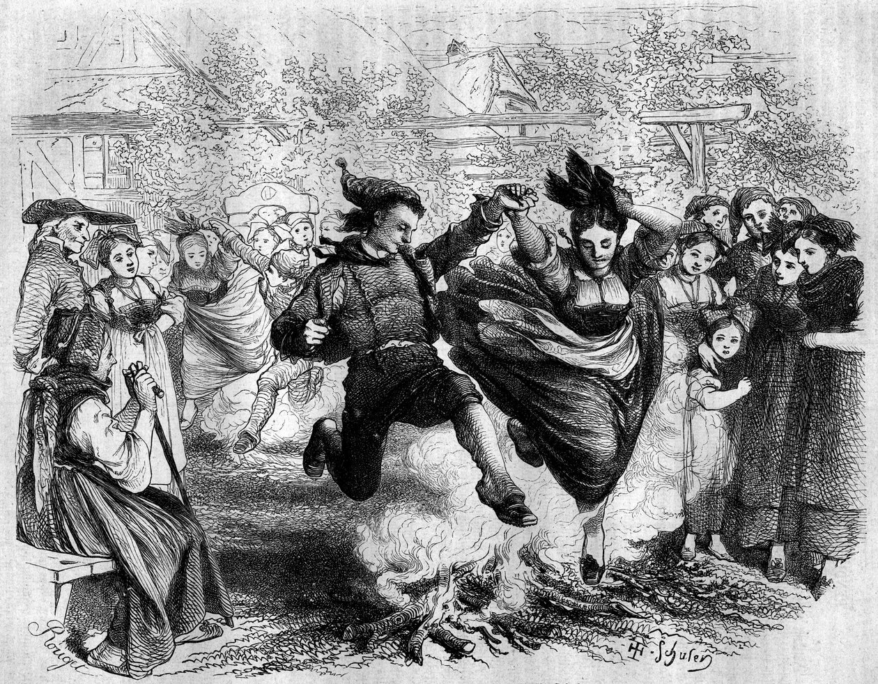 Coutume alsacienne : le feu de la Saint-Jean. Un homme et une femme sautent par-dessus un feu de bois. Gravure dans "Le Magasin Pittoresque". - French School