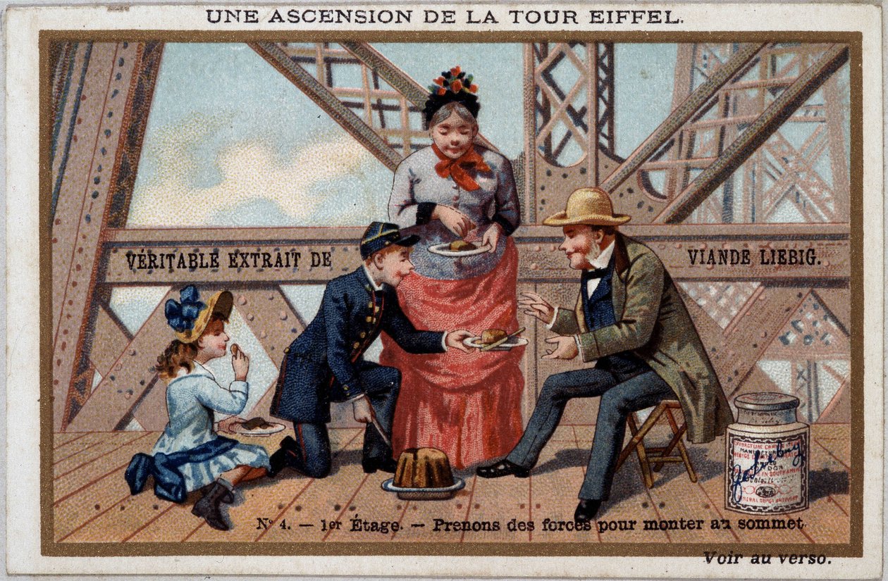 Une ascension de la Tour Eiffel : on prend des forces au 1er étage - chromo. Liébig, déb. 20e siècle - French School