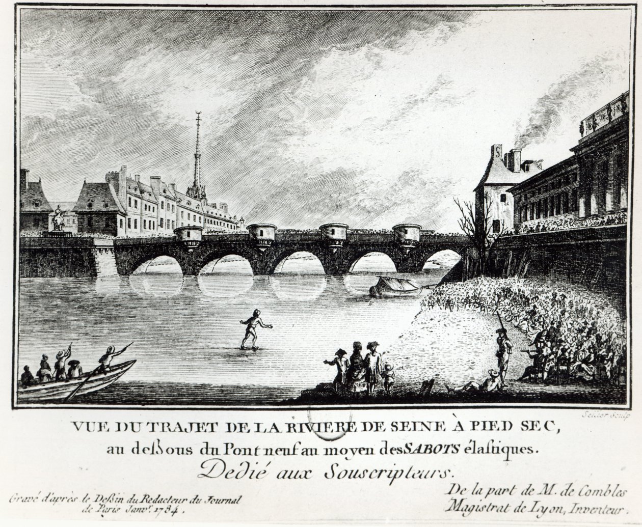 Une tentative de traverser la Seine à pied, 1784 - French School