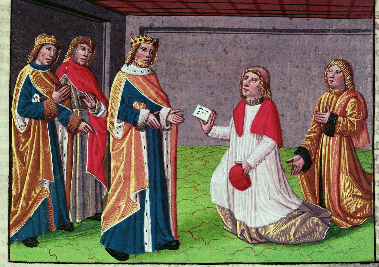 Un émissaire du pape Adrien Ier plaidant auprès de Charlemagne pour défendre Rome contre le roi lombard Desiderio, miniature de 