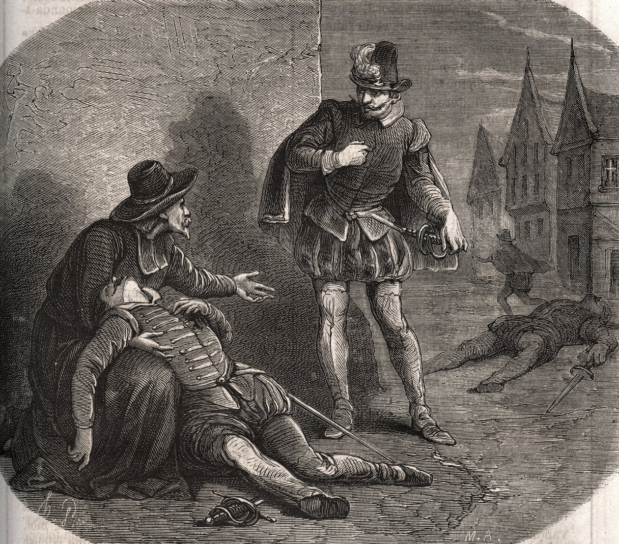 Un émissaire du roi de France Henri III (1551-1589) fut retrouvé mourant dans les rues de Rome en 1582. Il portait un message compromettant du roi concernant sa sœur, Marguerite de Valois (1553-1615), dite la reine Margot. Gravure de 1871 dans "Histoire De - French School