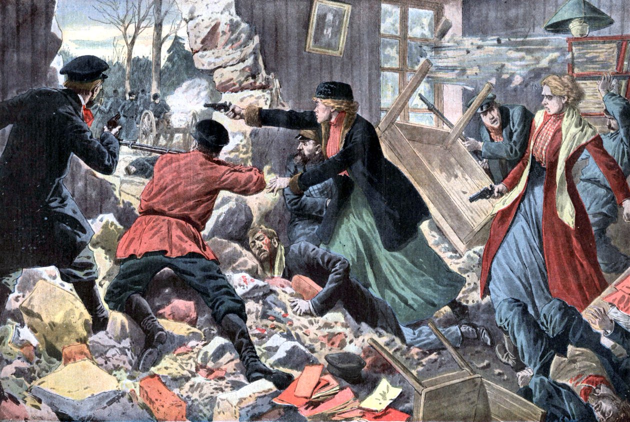 Révolutionnaires anarchistes combattant contre des policiers russes, près de Moscou - French School