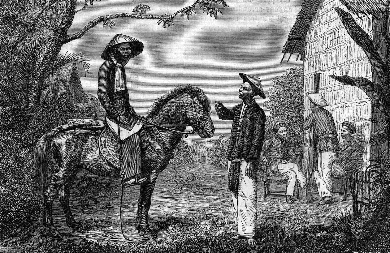 Tirailleurs annamites en Indochine. Gravure dans « Le Journal de la jeunesse » - French School