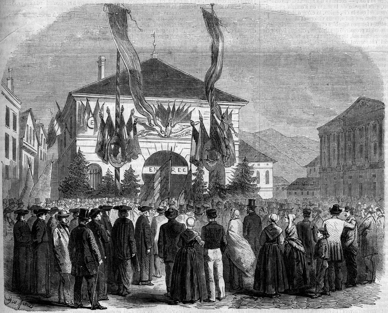 Annexion de la Savoie à la France, Chambéry, 22 avril 1860 : vote de la population sur le rattachement de la Savoie à la France. Gravure dans « Le Monde Illustré » n°160 du 5 mai 1860. - French School