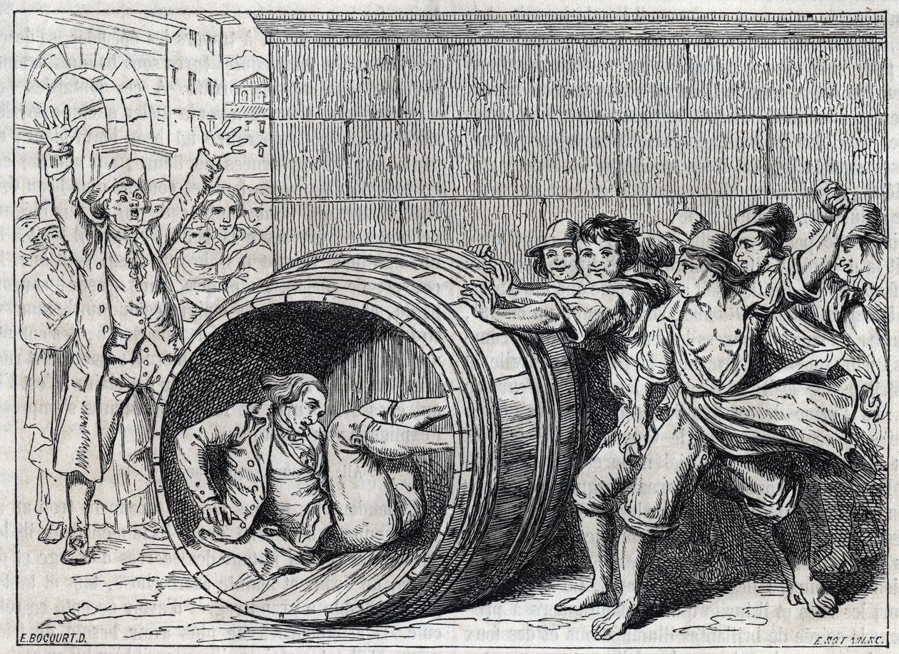 Persécution antisémite au 17e siècle : un juif roule dans un tonneau par les habitants de Rome. Illustration de « Meo Patacca », poème de Giuseppe Berneri (1637-1700). Gravure de Bocourt. - French School