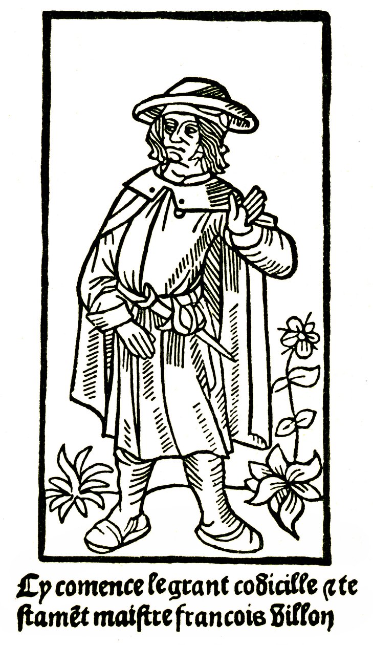 Portrait apocryphe du poète François Villon dans « Le Grand Testament » - « Cy commence le grand codicille & testament maître François Villon » (ici commence le grand codicille et testament) édition P Levet 1489 (gravure sur bois) - French School