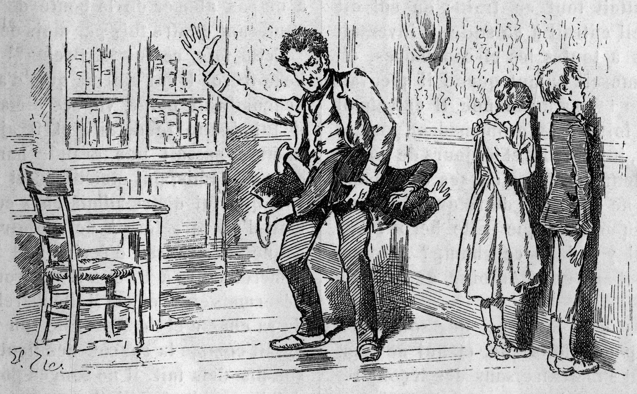 Punition appliquée par un enseignant sur un élève dans un pensionnat. Gravure dans le journal illustré « La jeunesse » - French School