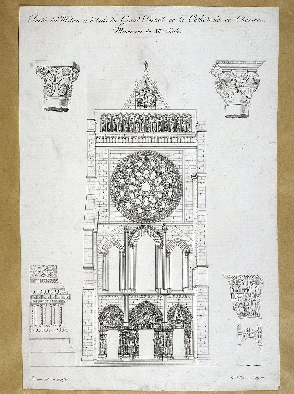 Architecture : vue du grand portail de la Cathédrale de Chartres - Monument du XIIe siècle, planche du XIXe siècle - French School