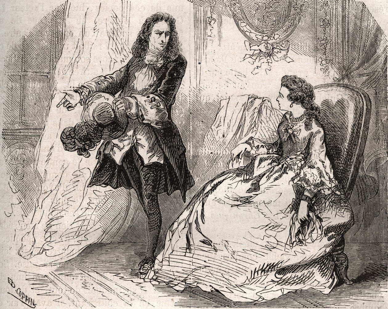 Armande Béjart, épouse de Molière, avec son amant, le comte de Guiche. Gravure de 1871 dans "Histoire Des Cocus Célèbres" de Henry de Kock - French School