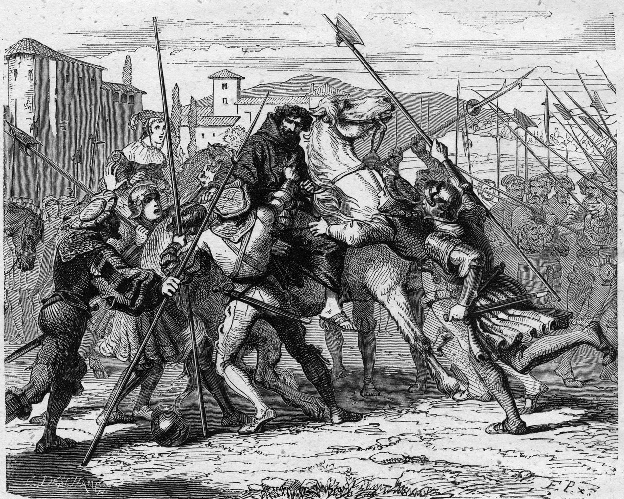 Arrestation de Ludovic Marie Sforza dit le More (Ludovico Maria Sforza detto il Moro) (1452-1508) à Milan en 1500 trahi par des mercenaires suisses, il tomba entre les mains de l