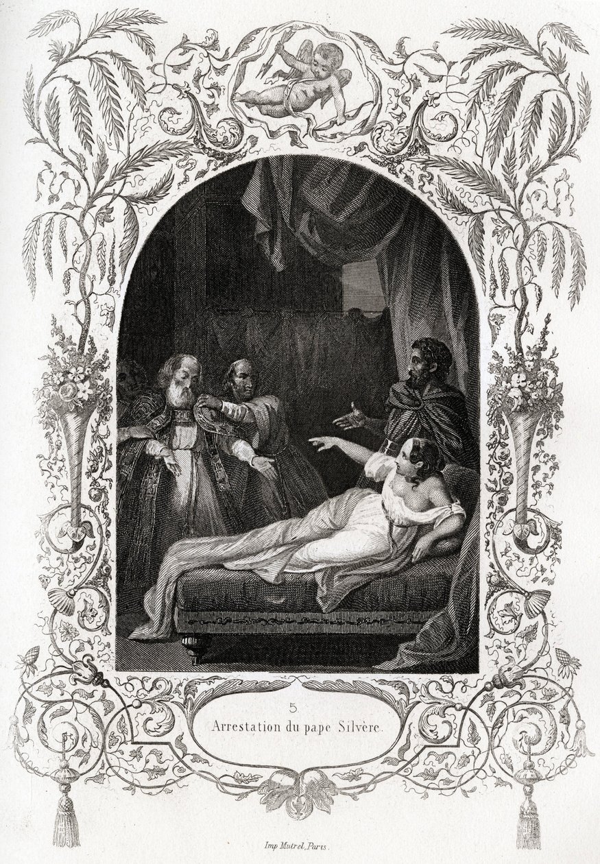 Arrestation du pape Silvère (Silvério) (pape de 536 à 537). Gravure pour illustrer Histoire des papes par Maurice Lachatre (1814-1900), librairie du progrès, Paris. - French School