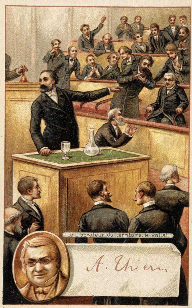 Assemblée acclamant Thiers, « libérateur du territoire » et portrait en médaillon - chromo., fin du XIXe siècle - French School